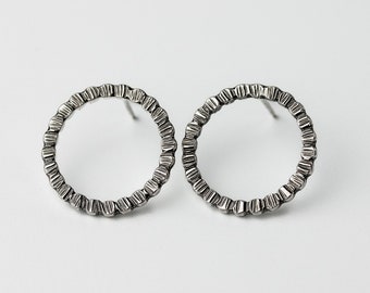 Coronal Flare | Small, textured silver hoop stud earrings | Silver hoop post earrings