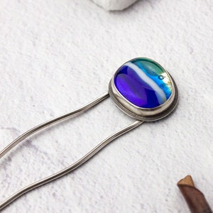 Clear Skies | Blue fused glass sterling silver hair fork | Artisan made blue glass and silver hair pin | Simple silver hair accessory
