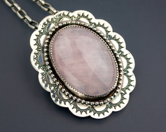 Pink Sunset | Sterling silver rose quartz necklace in a southwestern style | Artisan made rose quartz sterling silver jewelry