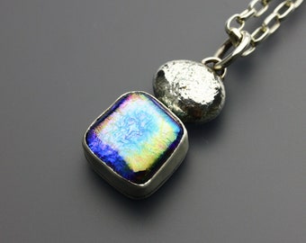 Cairn | Iridescent blue dichroic glass and sterling silver handmade pendant | One of a kind artisan made fused glass necklace