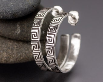 Greek | Small silver hoop earrings stamped with a Greek key design | Slender sterling silver hoop stud earrings