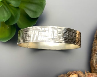 Tartan | Textured sterling silver wide bangle bracelet | Thick silver bangle with Cross-hatch design | Choose your size