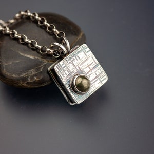 Pyrite and Sterling silver Hollowform box necklace | Artisan made silver box pendant with small pyrite stone on 20.5 inch chain