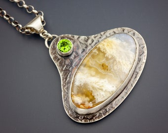 Yellow Plume agate and faceted peridot sterling silver pendant | Artisan made agate statement art pendant with peridot | Submarine