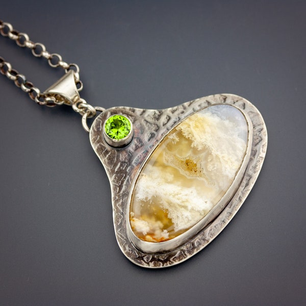 Yellow Plume agate and faceted peridot sterling silver pendant | Artisan made agate statement art pendant with peridot | Submarine