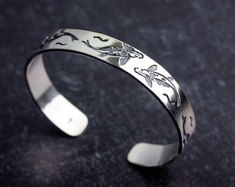 Koi Pond | Sterling silver bracelet with koi fish design | Thick textured sterling silver cuff bracelet | Choose your size