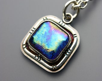 Galactic | Iridescent blue dichroic glass and sterling silver pendant
