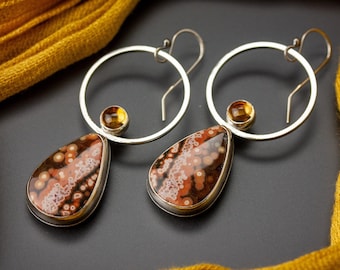 Red Ocean Jasper earrings with a small citrine | Citrine and ocean jasper sterling silver hoop earrings | Artisan made ocean jasper earrings