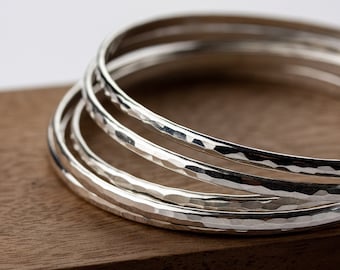 Hammered sterling silver bangle bracelets | Shimmery solid silver stacking bangles | Single or Set of Three