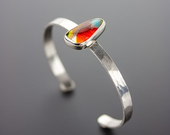 Hard Candy | Brightly colored orange and red fused glass sterling silver cuff bracelet | Minimalist silver bracelet