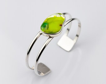 Citron | Yellow fused glass sterling silver double band cuff bracelet | Fits 6 to 6.5 inch wrists
