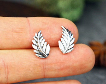 Elven | Small silver leaf earrings | Sterling silver botanical leaf stud earrings | Silver Fern frond post earrings | Leaf stud earrings