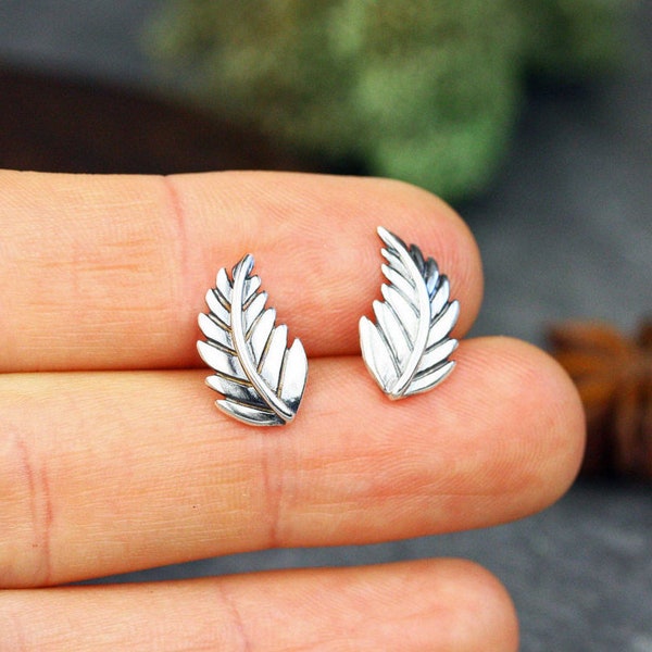 Elven | Small silver leaf earrings | Sterling silver botanical leaf stud earrings | Silver Fern frond post earrings | Leaf stud earrings