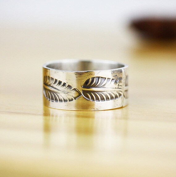 Sterling silver wide band ring with leaf impression | MADE TO ORDER