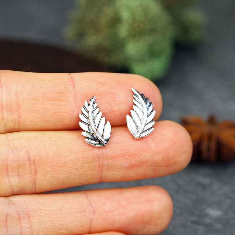 Elven Small silver leaf earrings Sterling silver botanical leaf stud earrings Silver Fern frond post earrings Leaf stud earrings image 1