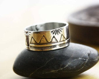 Mountain ring | Mountain scene ring | Silver wide band ring | Wide stamped silver ring | MADE TO ORDER