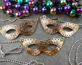 Mardi Gras Mask Necklace | Hand-stamped brass Mardi Gras mask