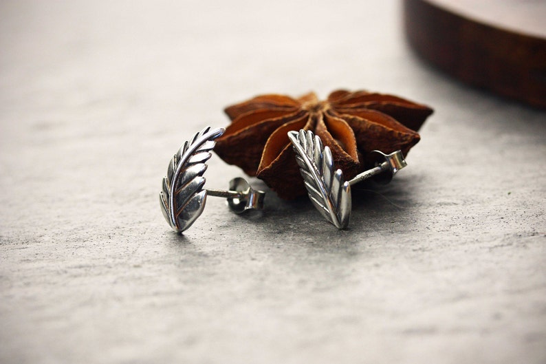 Elven Small silver leaf earrings Sterling silver botanical leaf stud earrings Silver Fern frond post earrings Leaf stud earrings image 5