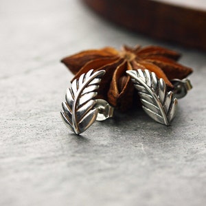 Elven Small silver leaf earrings Sterling silver botanical leaf stud earrings Silver Fern frond post earrings Leaf stud earrings image 6