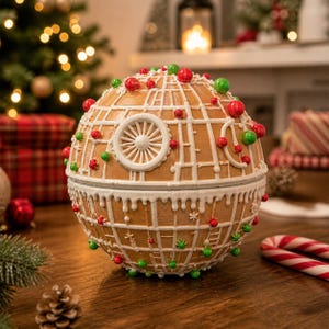 Op de afbeelding: Een bruin, bolvormig decoratief object dat lijkt op de Death Star uit Star Wars, versierd met witte glazuur en rode en groene bolvormige ornamenten. Het object heeft een wit cirkelvormig ontwerp aan de zijkant en staat op een houten oppervlak.