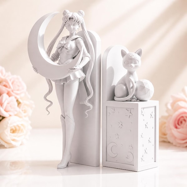 Sailor Magical girl, Kawaii Decor, Luna Cat, Book Ends