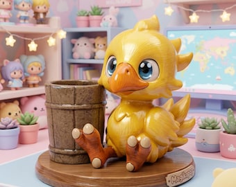 Chocobo Inspired Pen Holder – Hand Painted Desk Organizer – Cute Kawaii Pencil Holder – Gamer Desk Decor Gift