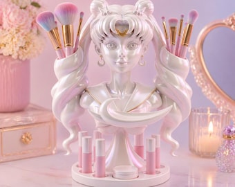 Organizador de brochas de maquillaje Magical Girl, organizador de tocador inspirado en el anime, decoración de escritorio kawaii, organizador de brochas impreso en 3D, regalo único para ella.