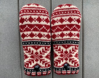 Upcycled Women’s Wool Sweater Mittens - Wool Mittens made from recycled sweaters- Felted Mittens - Women’s Medium - Red - Black - White