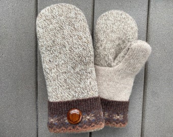 Felted Sweater Mittens - Wool Mittens from upcycled wool sweaters - Gift for her - beige - brown - upcycled felted sweater mittens - Mitts
