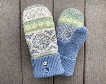 Upcycled Felted Sweater Mittens - Wool Mittens made from recycled sweaters - Gift for her - blue - green - sweater mittens - Snowflake