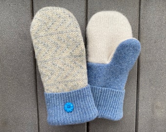 Sweater Mittens - Women’s Medium - Wool Mittens from recycled sweaters - Gift for her - blue - white - upcycled felted sweater mittens