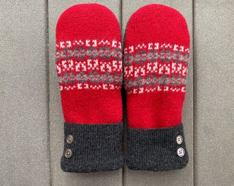 Small Upcycled Women’s Wool Sweater Mittens - Wool Mittens made from recycled sweaters- Felted Mittens - Red - Gray - White - Mitts