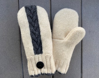 Upcycled Women’s Wool Sweater Mittens - Wool Mittens made from recycled sweaters- Felted Mittens - Winter White - Gray - Women’s Medium