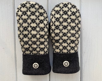 Upcycled Sweater Mittens - Wool Mittens made from recycled sweaters - Women’s Medium - black - white - felted sweater mittens - Mitts