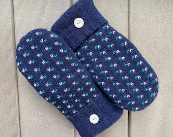 Medium Women’s Sweater Mittens - Wool Mittens from recycled sweaters - Gift for her - blue, white - upcycled felted sweater mittens - Mitts