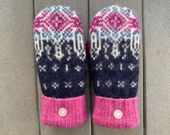Sweater Mittens - Wool Mittens made  from recycled sweaters - Gift for her - blue - pink - upcycled felted sweater mittens - Mitts