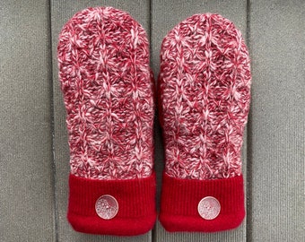 Upcycled Women’s Wool Sweater Mittens - Wool Mittens made from recycled sweaters- Felted Mittens - Red - White - Mitts - Women’s Medium