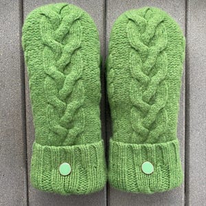 Cabled Wool Sweater Mittens: Upcycled Green Knit Mitts