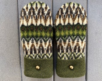 Upcycled Felted Sweater Mittens - Wool Mittens made from recycled sweaters - Gift for her - green - brown - sweater mittens - Mitts