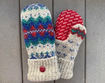 Upcycled Sweater Mittens - Wool Mittens made from recycled sweaters - Gift for her - beige - red - felted sweater mittens - Bernie  Mitten