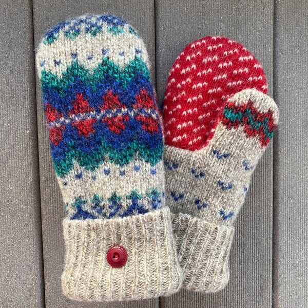 Upcycled Sweater Mittens - Wool Mittens made from recycled sweaters - Gift for her - beige - red - felted sweater mittens - Bernie  Mitten