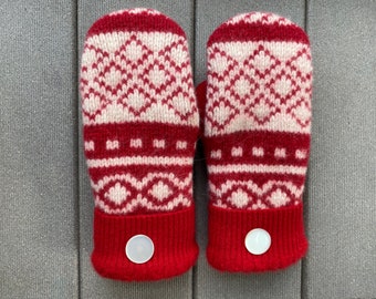 Upcycled Felted Sweater Mittens - Wool Mittens made from recycled sweaters - Gift for her - red - white - sweater mittens - Mitts