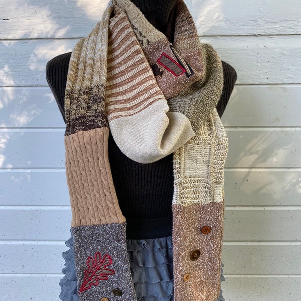 Sweater Scarf - Long Patchwork Scarf made from recycled sweaters - upcycled scarf - beige sweater scarf - gift for her