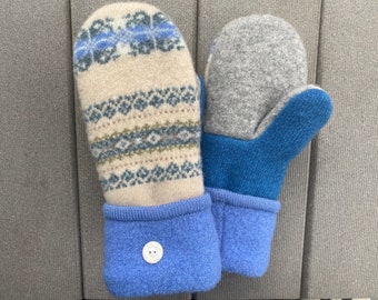 Medium Women’s Sweater Mittens - Upcycled Wool Mittens - Gift for her - blue - beige - upcycled felted sweater mittens - Mitts