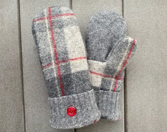 Small Upcycled Women’s Wool Sweater Mittens - Wool Mittens made from recycled sweaters- Felted Mittens - Gray - Red - White - Mitts
