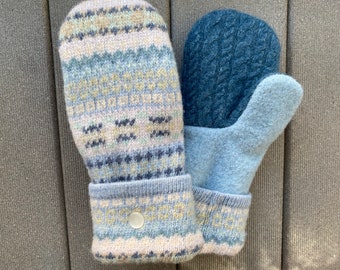 Medium Upcycled Sweater Mittens - Wool Mittens made from recycled sweaters - Gift for her - blue - white - felted sweater mittens - Mitts