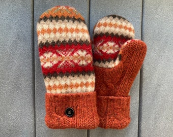 Medium Wool Sweater Mittens - Wool Mittens from recycled sweaters - Gift for her - orange - red - upcycled felted sweater mittens - Mitts