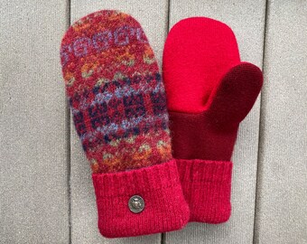 Upcycled Medium Women’s Sweater Mittens - Wool Mittens made from recycled sweaters - Gift for her - red - blue - sweater mittens - Mitts