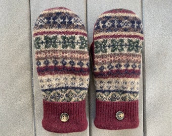 Upcycled Sweater Mittens - Wool Mittens made from recycled sweaters - Women’s Medium - burgundy - beige - felted sweater mittens - Mitts