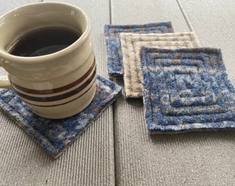 Wool coasters set of 4, Drink Coaster, Blue, Beige, Mug Rugs, Shower Gift, Housewarming Gift, Office Gift, Repurposed Wool Coasters